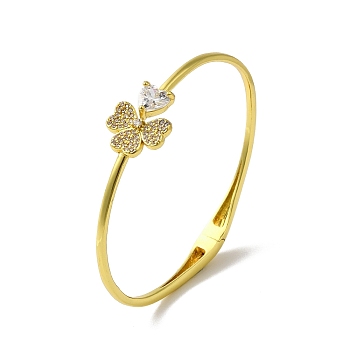 Rack Plating Brass Pave Clear Cubic Zirconia Clover & Heart Hinged Bangles, Lead Free & Cadmium Free, Long-Lasting Plated, Real 18K Gold Plated, Inner Diameter: 2-1/4x2-1/8 inch(5.8x5.3cm)