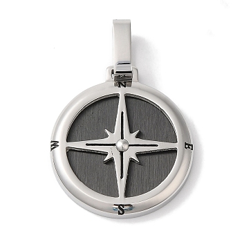 304 Stainless Steel Pendants, Flat Round with Compass Charm, Black & Stainless Steel Color, 32x22x3.5mm, Hole: 8x4.5mm