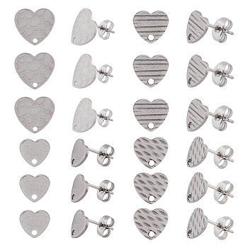 40Pcs 4 Style 304 Stainless Steel Heart Stud Earring Findings, with Ear Nuts and Hole, Stainless Steel Color, 12x9~13mm, Hole: 1.4~1.5mm, pin: 0.7mm, 10Pcs/style