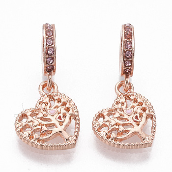 Alloy European Dangle Charms, with Rhinestone and Enamel, Large Hole Pendants, Heart with Tree, Rose Gold, 27mm, Hole: 5mm, Heart: 15x13x2mm