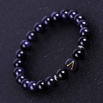 Sagittarius Round Synthetic Blue Goldstone & Natural Black Onyx(Dyed & Heated) Stretch Bracelets for Women Men