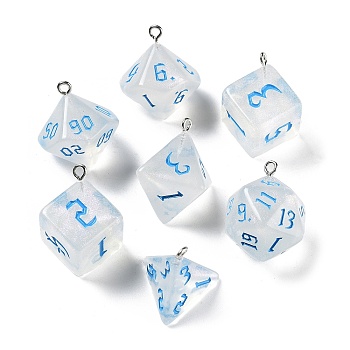 7Pcs 7 Styles Transparent Resin Polyhedral Dice Pendants Set, Multi-Sided Dice Charms with Platinum Plated Iron Loops, Mixed Shapes, Deep Sky Blue, 20~28x19~24x17~24mm, Hole: 2mm, 1pc/style