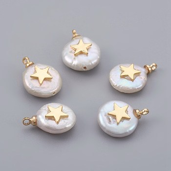 Natural Cultured Freshwater Pearl Pendants, with Brass Findings, Long-Lasting Plated, Flat Round with Star, Real 18K Gold Plated, 14~21x9~16x5~9mm, Hole: 1.5mm
