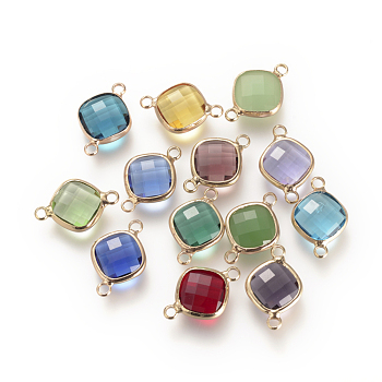 Glass Links connectors, with Brass Findings, Faceted, Rhombus, Mixed Color, 17x11.5x4mm, Hole: 1.6mm