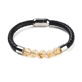 Natural Citrine Round Bead Braided Leather Cord Bracelets for Men Women, with Ion Plating(IP) 304 Stainless Steel Magnetic Clasps, 8-1/4 inch(21cm)