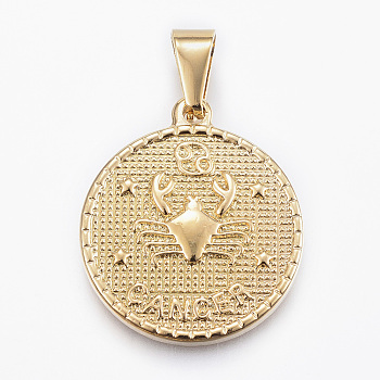 Real 18K Gold Plated 304 Stainless Steel Pendants, Flat Round with Twelve Constellation/Zodiac Sign, Cancer, 29x25x3.2mm, Hole: 9x4.5mm