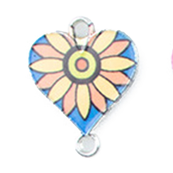 Alloy Enamel Connector Charms, Heart-Shaped Links with Flower Pattern, Platinum, Light Goldenrod Yellow, 20x16mm