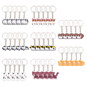 40pcs 8 Style Cute Cartoon PVC Plastic Cat Pendant Keychain, with Iron Findings, Mixed Color, 70~78mm, 5pcs/style
