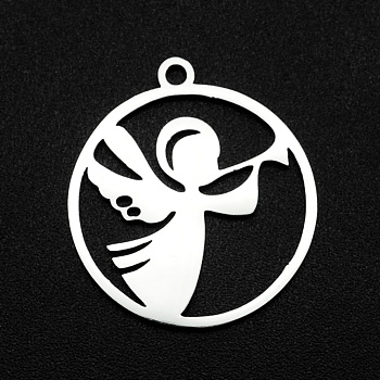 201 Stainless Steel Pendants, Laser Cut, Ring with Angel, Stainless Steel Color, 22x20x1mm, Hole: 1.6mm