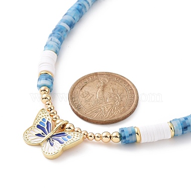 Brass Butterfly Pendant Necklace with Polymer Clay Heishi Beaded Chainsi for Women(NJEW-JN04166)-4