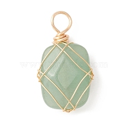 Natural Green Aventurine Copper Wire Wrapped Pendants, Faceted Rectangle Charms, Golden, 25~26x14~18.5x7~7.5mm, Hole: 4mm(PALLOY-JF02131-01)