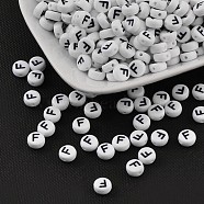 Acrylic Beads, with Horizontal Hole, Letter, Flat Round, Letter.F, 7x4mm, Hole: 1mm, about 3500pcs/500g(PL37C9070-F)