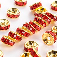 Brass Grade A Rhinestone Spacer Beads, Golden Plated, Rondelle, Nickel Free, Light Siam, 4x2mm, Hole: 0.8mm(RSB034NF-08G)