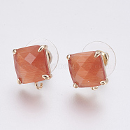 Faceted Glass Stud Earring Findings, with Loop, Light Gold Plated Brass Findings, Square, Coral, 11x10x5mm, Hole: 1mm, Pin: 0.8mm(GLAA-F084-C01)