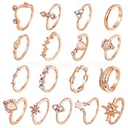 17Pcs 17 Style Crystal Rhinestone Teardrop & Star & Horse Eye Finger Rings Set, Alloy Stackable Rings for Women, Rose Gold, Inner Diameter: 14~18mm, 1Pc/style(JR937A)