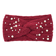 Acrylic Fiber Knitted Yarn Warmer Headbands, with Plastic Imitation Pearl, Soft Stretch Thick Cable Knit Head Wrap for Women, Crimson, 210x110mm(COHT-PW0002-21C)