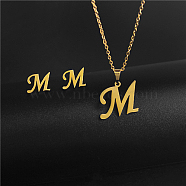 Golden Stainless Steel Initial Letter Jewelry Set, Stud Earrings & Pendant Necklaces, Letter M, No Size(IT6493-14)