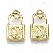 Brass Charms, with Jump Rings, Nickel Free, Padlock with Saint, Real 16K Gold Plated, 15x9.5x3mm, Jump Ring: 5x0.8mm, 3.4mm inner diameter(KK-S313-12-NF)