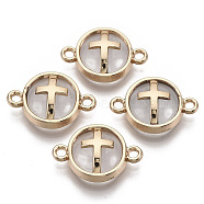 Glass Links connectors, with Light Gold Plated Alloy Findings, Flat Round with Cross, Clear, 13.5x19.5x5.5mm, Hole: 1.6mm(GLAA-T015-25H)