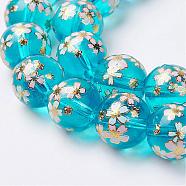 Handmade Lampwork Beads Strands, Flower Picture Brushwork, Round, Deep Sky Blue, 11~12mm, Hole: 1mm, about 30pcs/strand, 13.31 inch(33.8cm)(LAMP-E015-01E)