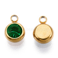 Vacuum Plating 201 Stainless Steel Rhinestone Charms, Birthstone Charms, Flat Round, Real 18K Gold Plated, Emerald, 8.5x6x3mm, Hole: 1.5mm(STAS-S068-03G)