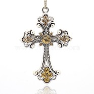 Antique Silver Tone Alloy Rhinestone Cross Big Pendants, Light Colorado Topaz, 75x50x6mm, Hole: 3.5mm(RB-J141-14AS)