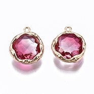 Two-Tone Faceted Glass Charms, with Brass Prong Settings, Flat Round, Light Gold, Hot Pink, 14x12x4.5mm, Hole: 1mm(GLAA-S193-032E)