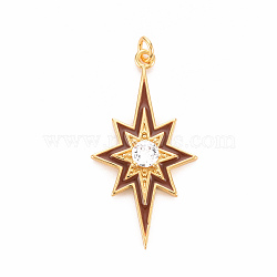 Brass Micro Pave Clear Cubic Zirconia Pendants, with Enamel and Jump Ring, Cadmium Free & Nickel Free & Lead Free, Star, Real 16K Gold Plated, Saddle Brown, 34.5x18x4mm, Jump Ring: 4.5x0.8mm, 2.9mm inner diameter(ZIRC-S067-071B-NR)