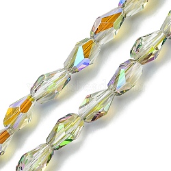 Transparent Electroplate Glass Beads Strands, Half Rainbow Plated, Faceted, Teardrop, Light Green, 9x5.5~6x5.5~6mm, Hole: 1.2mm, about 70pcs/strand, 25.35''(64.4cm)(GLAA-K064-03B-HR01)