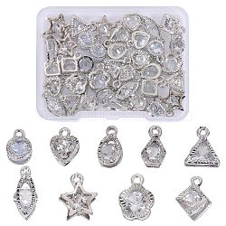 45Pcs 9 Style Alloy Cubic Zirconia Pendants, with Jump Ring, Flower/Star/Heart/Teardrop Charm, Silver, 7.6~16x6.6~11mm, 5pcs/style(JX646B)