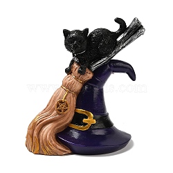 Resin Bewitched Cat with Broom Figurine Ornament, for Halloween Party Home Desk Decoration, Black, 115x88x135mm(DARK-PW0001-072)