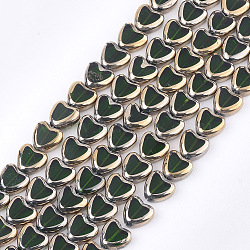 Electroplate Glass Beads Strands, Edge Plated, Heart, Dark Green, 10x10x4mm, Hole: 1mm, about 30pcs/strand, 11.4 inch(EGLA-S188-09B)