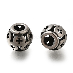 304 Stainless Steel European Beads, Large Hole Beads, Rondelle with Cross, Antique Silver, 10.5x9.5mm, Hole: 4mm(STAS-D191-04F-AS)