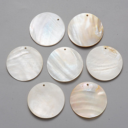 Natural Freshwater Shell Pendants, Flat Round, Seashell Color, 39x3mm, Hole: 1.6mm(X-SHEL-R021-01)