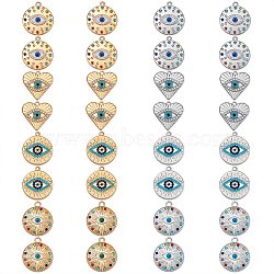 32Pcs 8 Style Rack Plating Alloy Enamel Pendants, with Colorful Rhinestone, Cadmium Free & Nickel Free & Lead Free, Heart & Flat Round with Evil Eye, Platinum & Light Gold, 20~25x20~22.5x2.5~3mm, Hole: 1.2~2mm, 4Pcs/style(FIND-SZ0006-02)