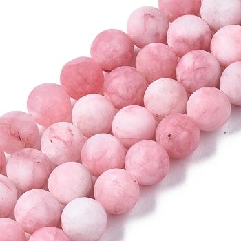 Natural White Jade Bead Strands, Dyed, Frosted, Round, Pink, 8~9mm, Hole: 1mm, about 46~48pcs/strand, 14.9 inch