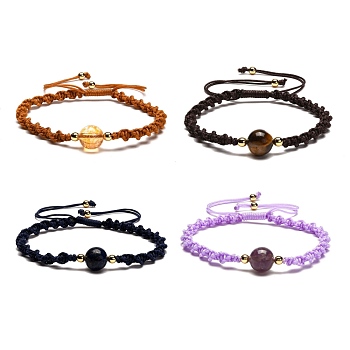 Adjustable Round Natural Gemstone Beads Bracelets for Women or Men, Braided Nylon Cord Bracelets, Mixed Color, 2-3/8~4-1/4 inch(6~10.9cm) , beads: 10mm