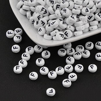 Acrylic Beads, with Horizontal Hole, Letter, Flat Round, Letter.F, 7x4mm, Hole: 1mm, about 3500pcs/500g