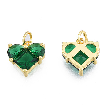 Glass Charms, with Jump Rings and Brass Findings, Real 18K Gold Plated, Nickel Free, Heart, Green, 12x12x4mm, Hole: 3mm