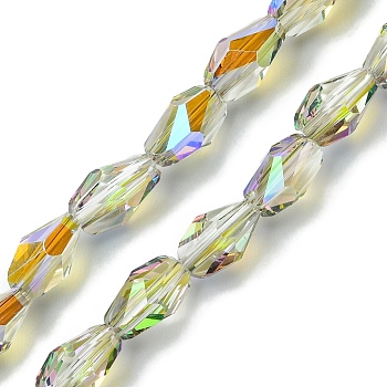 Transparent Electroplate Glass Beads Strands, Half Rainbow Plated, Faceted, Teardrop, Light Green, 9x5.5~6x5.5~6mm, Hole: 1.2mm, about 70pcs/strand, 25.35''(64.4cm)