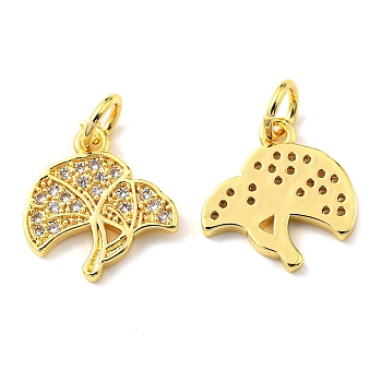 Rack Plating Brass Micro Pave Cubic Zirconia Charms, with Jump Ring, Ginkgo Biloba Leaves, Real 18K Gold Plated, 13x12x1.4mm