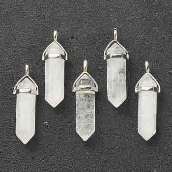 Natural Quartz Crystal Pendants, Rock Crystal Pendants, with Platinum Tone Brass Findings, Bullet, 39.5x12x11.5mm, Hole: 4.5x2.8mm