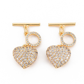 Brass Micro Pave Clear Cubic Zirconia Toggle Clasps, Nickel Free, Heart & Bar, Real 18K Gold Plated, Heart: 14.5x13.5x6mm, bar: 15.5x4x1.5mm, Hole: 1.5mm~1.8mm