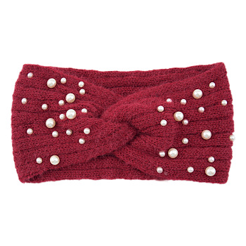 Acrylic Fiber Knitted Yarn Warmer Headbands, with Plastic Imitation Pearl, Soft Stretch Thick Cable Knit Head Wrap for Women, Crimson, 210x110mm