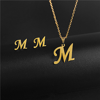 Golden Stainless Steel Initial Letter Jewelry Set, Stud Earrings & Pendant Necklaces, Letter M, No Size