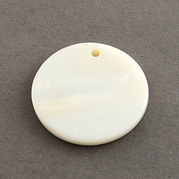 Flat Round Sea Shell Pendants, Seashell Color, 25x2mm, Hole: 2mm