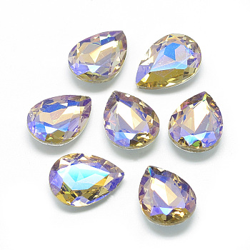 Pointed Back Glass Rhinestone Cabochons, Back Plated, Faceted, AB Color Plated, teardrop, Dark Khaki, 14x10x5mm