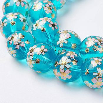 Handmade Lampwork Beads Strands, Flower Picture Brushwork, Round, Deep Sky Blue, 11~12mm, Hole: 1mm, about 30pcs/strand, 13.31 inch(33.8cm)