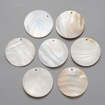 Natural Freshwater Shell Pendants, Flat Round, Seashell Color, 39x3mm, Hole: 1.6mm