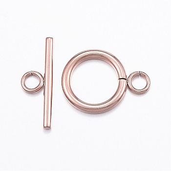 Ion Plating(IP) 304 Stainless Steel Toggle Clasps, Rose Gold, Ring: 19x14x2mm, Hole: 3mm, Bar: 20x7x2mm, Hole: 3mm